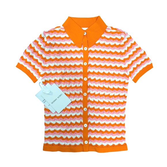 NWT Ronny Kobo Tallys Knit Top Orange Pink White Chevron button down size S - Picture 4 of 10